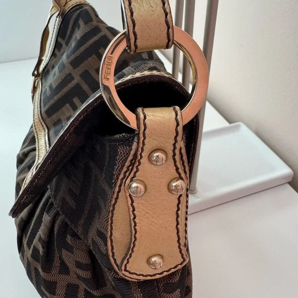 Fendi Chef Brown and Black Zucca Logo Shoulder Bag with Gold Charm